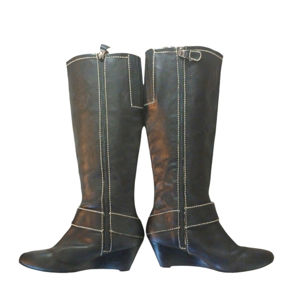 Fossil Black Leather Knee High Wedge Boot Size 8 - Picture 2 of 15